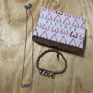 Plunder silver beaded LOVE bracelet with a rhinestone & rhinestone necklace.